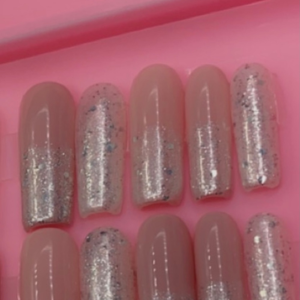 French Sparkle Silver Fade Long Coffin Handmade Luxury Press On Nail Set